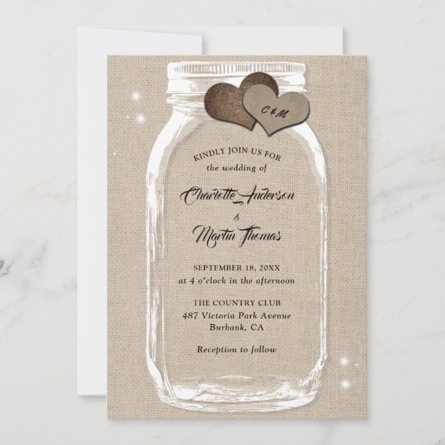 Convite Rustic Country Burlap Hearts Mason Jar Wedding (Frente)
