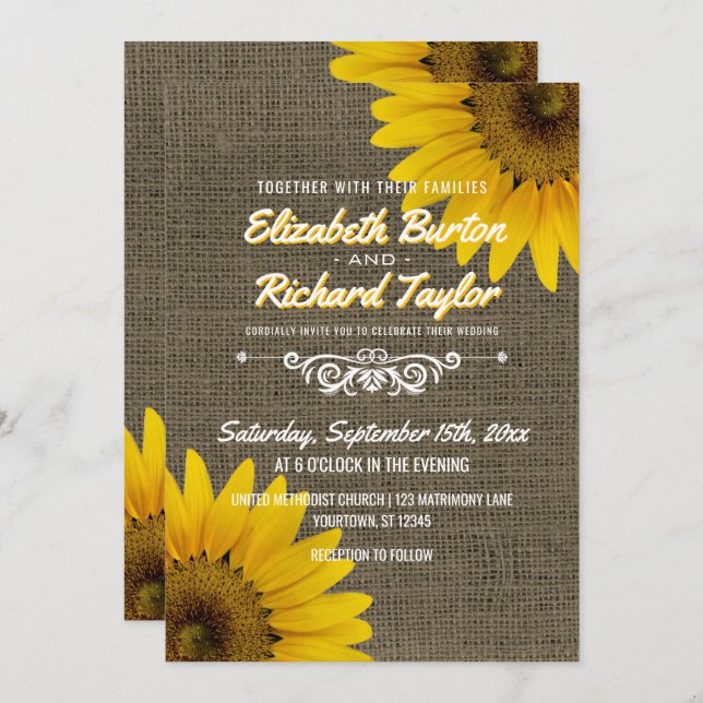 Convite Rustic Country Burlap Sunflower Casamento Floral (Frente/Verso)
