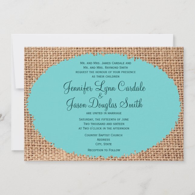 Convite Rustic Country Burlap Turquoise Casamento (Frente)