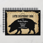 Convite Rustic Country Hog 18º Aniversário Barbeque - CHUR<br><div class="desc">Estilo de fazenda russo com aparência de papel rasgado e envelhecido e cheques de búfalo preto e branco como fundos para uma design de Festa de aniversário de porco preto "BARBEQUE" por Designs de Holiday Hearts (direitos reservados).</div>