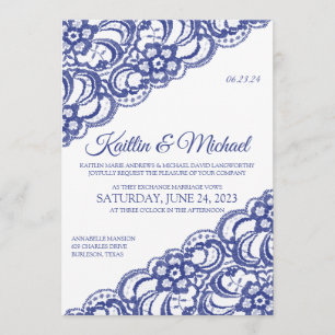 Convite Rustic Country Lace Wedation - Royal Blue
