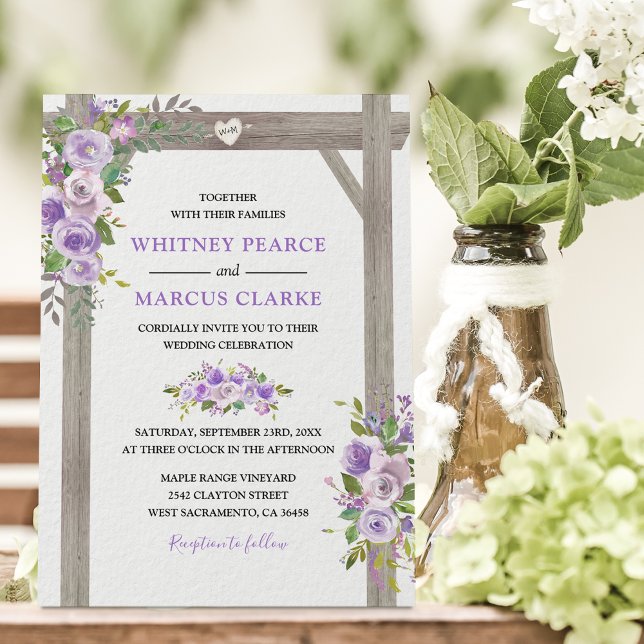 Convite Rustic Country Purple Floral Wedding Pergola (Criador carregado)