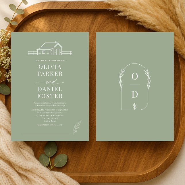 Convite Rustic Country Ranch Line Art Sage Green Wedding (Criador carregado)