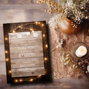 Convite Rustic Country String Lights Wood Lace Casamento