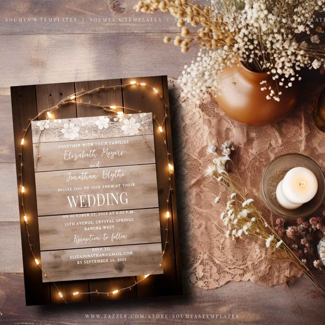 Convite Rustic Country String Lights Wood Lace Casamento (Criador carregado)