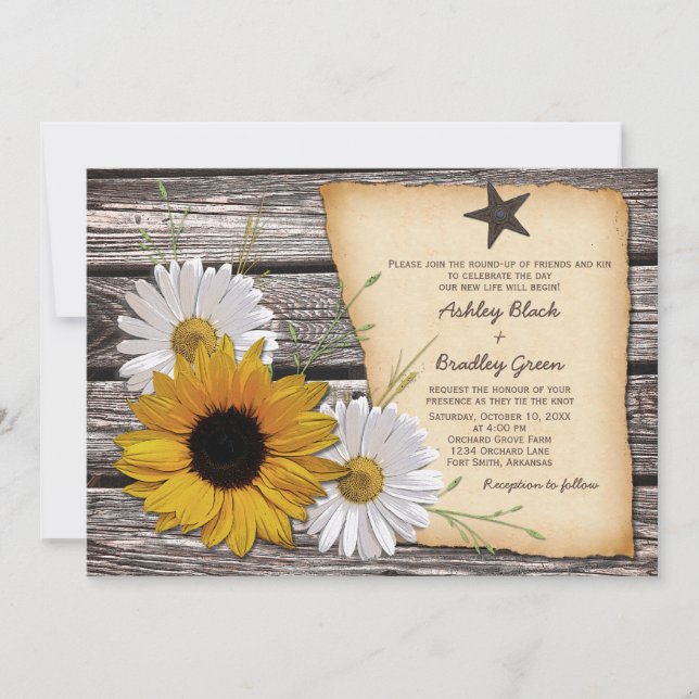 Convite Rustic Country Sunflower Daisy Weditation (Frente)