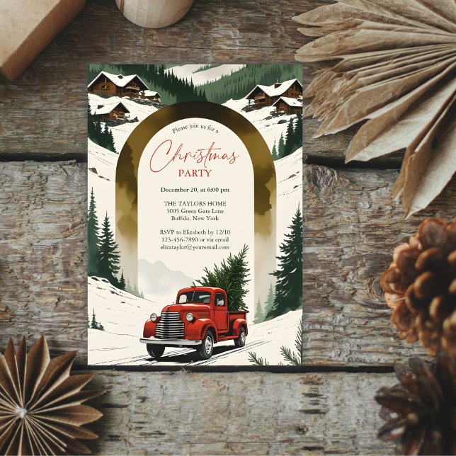 Convite Rustic Country Vintage Red Truck Christmas Party (Rustic Mountain Christmas Party Invitation with Red Vintage Truck – Personalized Holiday Gathering)