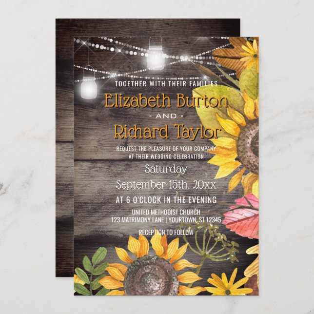 Convite Rustic Country Weding Mason Jar Luz Girassol (Frente/Verso)