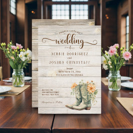 Convite Rustic Cowboy Boots on Wood Wedding Invitation