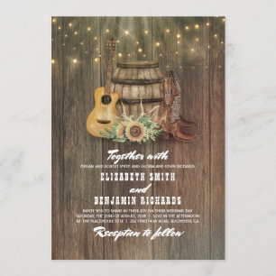 Convite Rustic Cowboy Boots Sunflower Wine Barrel Wedes