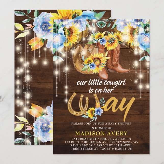 Convite Rustic Cowgirl Boots Chá de fraldas Floral (Frente/Verso)