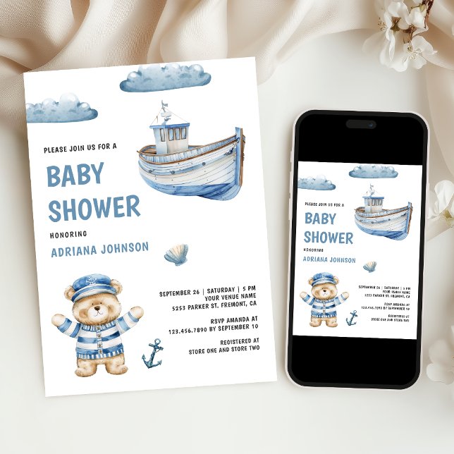 Convite Rustic Cute Teddy Bear Nautical Boat Baby Shower (Criador carregado)