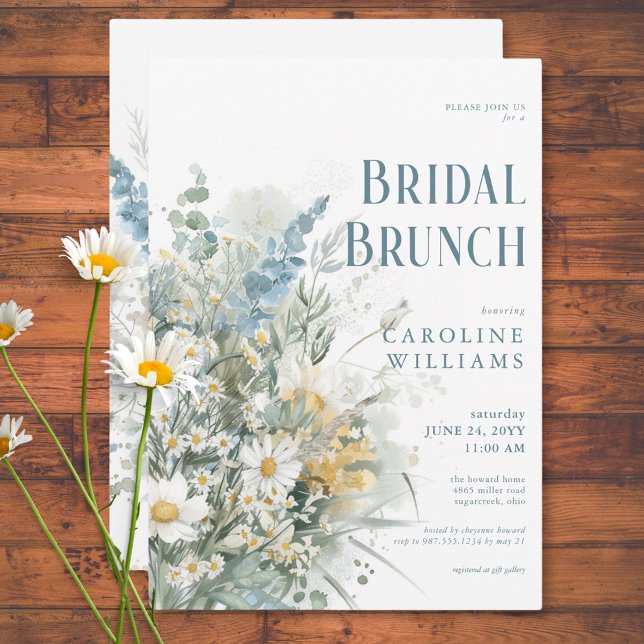 Convite Rustic Daisies & Dusty Blue Floral Bridal Brunch (Rustic Daisies & Dusty Blue Floral Bridal Brunch Invitation)