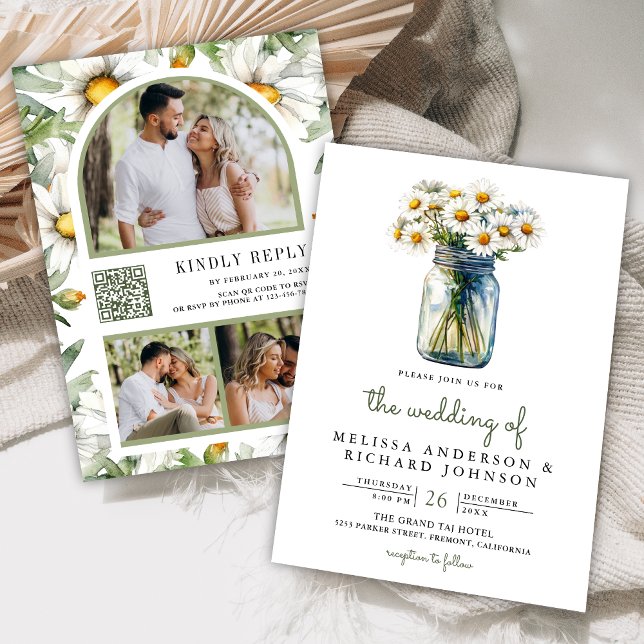 Convite Rustic Daisies Floral Mason Jar QR Code Wedding (Criador carregado)
