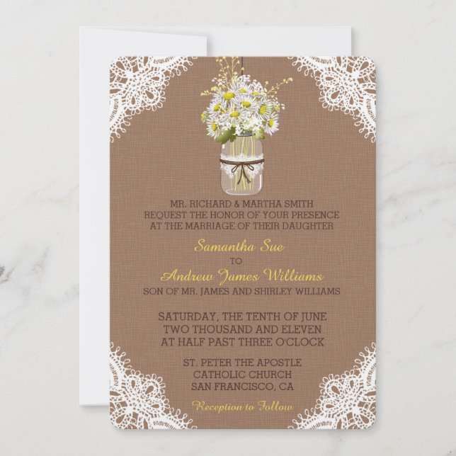 Convite Rustic Daisies Mason Jar Lace Invitation (Frente)