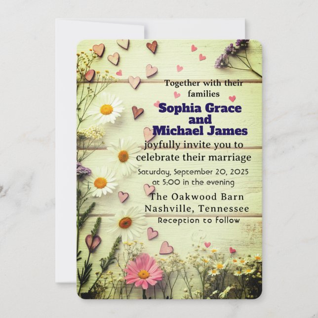 Convite Rustic Daisy & Heart Weding (Frente)