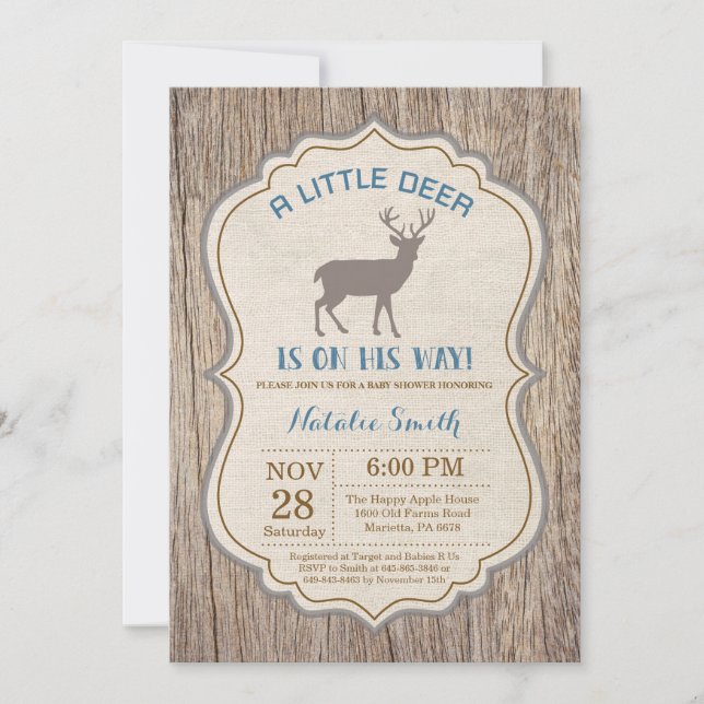 Convite Rustic Deer Chá de fraldas Invitation Boy (Frente)