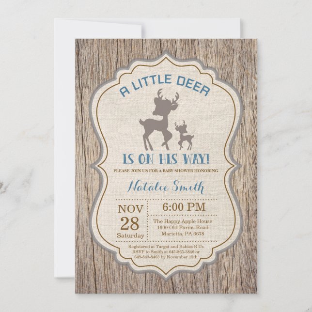 Convite Rustic Deer Chá de fraldas Invitation Boy (Frente)