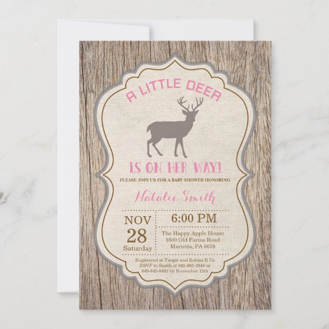 Convite Rustic Deer Chá de fraldas Invitation Girl (Frente)