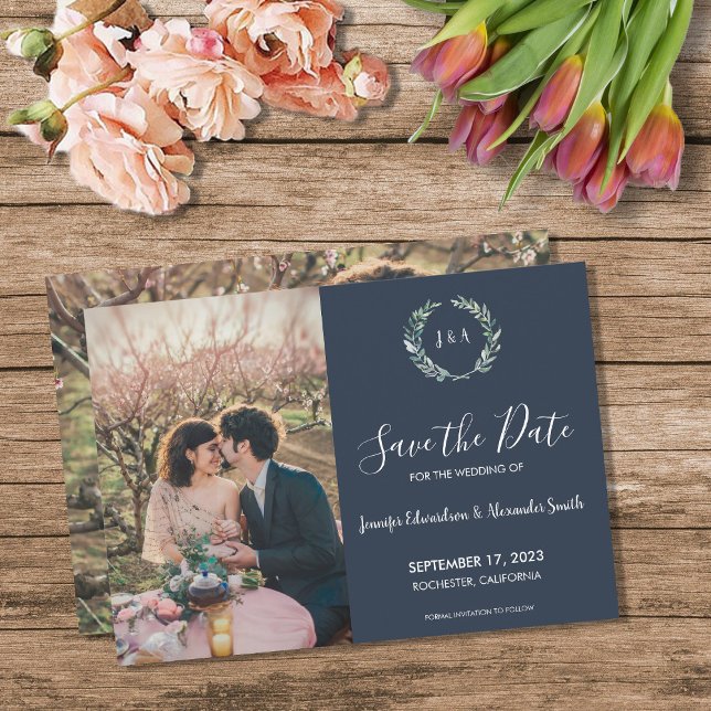 Convite Rustic deixa foto de monograma Salvar data (Rustic leaves monogram photo Save the Date Invitation. You can add your own photos and text.)
