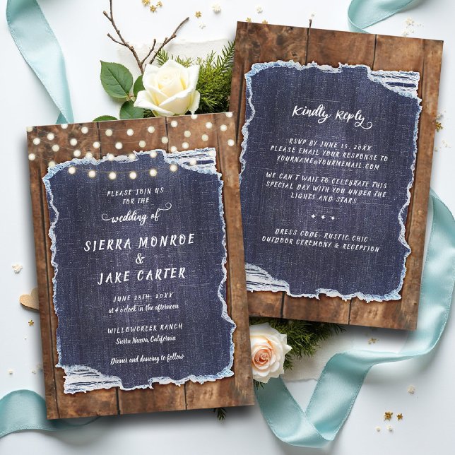 Convite Rustic Denim Lights Country Cowboy RSVP Wedding (cowboy wedding invitation rsvp details country chic denim rustic barn lights backyard outdoors)