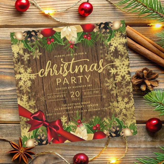Convite Rustic Dourado Holly Berries & Baubles Company Xma (Rustic Gold Holly Berries & Baubles Company Xmas Invitation)