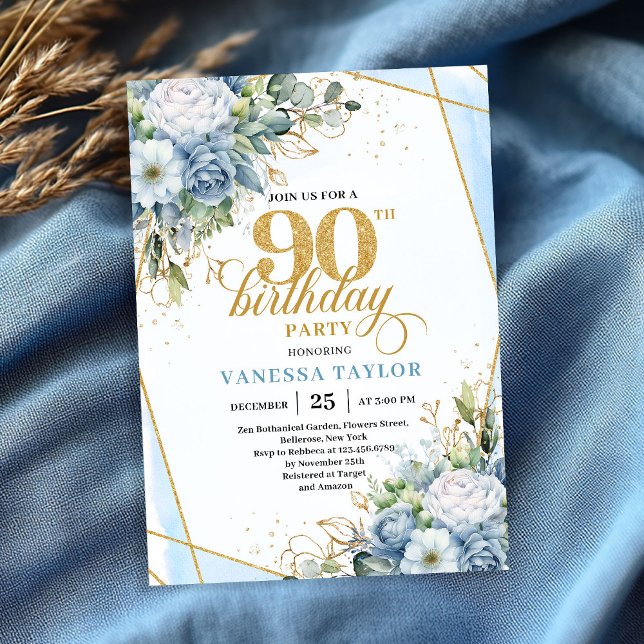 Convite Rustic Dusty Blue 90th Birthday Floral Script   (Rustic Dusty Blue 90th Birthday Floral Script Invitation

)