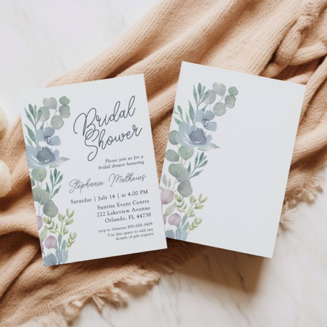 Convite Rustic Dusty Blue Floral Bridal Shower Invitation (Criador carregado)