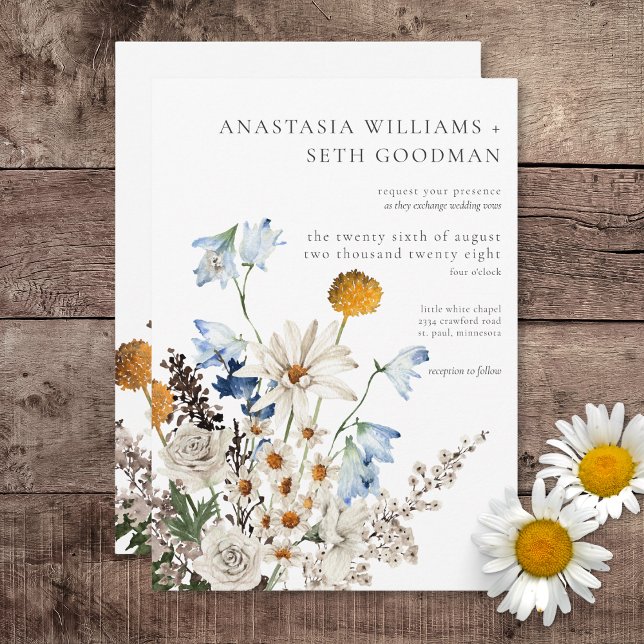 Convite Rustic Dusty Blue Selvagens & Daisies (Rustic Dusty Blue Wildflowers & Daisies Wedding Invitation)