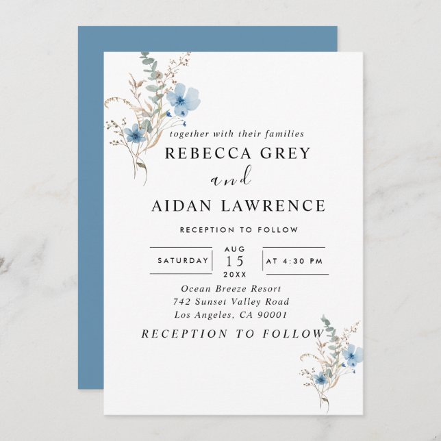 Convite rustic dusty Blue watercolor flower bouquet (Frente/Verso)