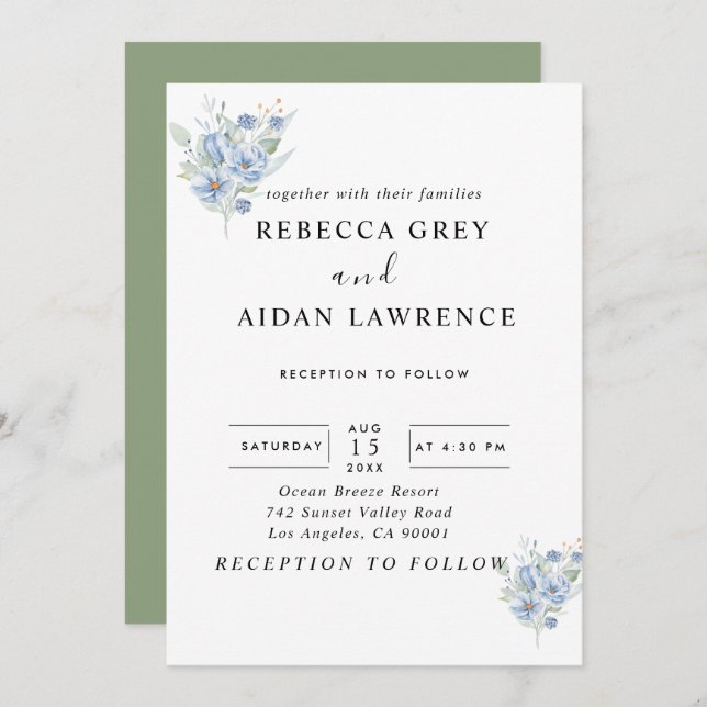 Convite rustic dusty blue watercolor flowers & leaves (Frente/Verso)