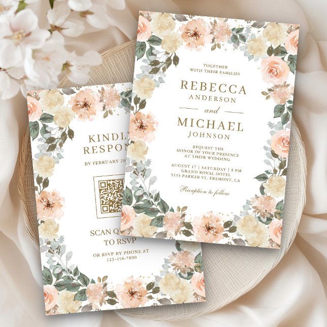 Convite Rustic Dusty Peach Floral Código QR Casamento (Criador carregado)