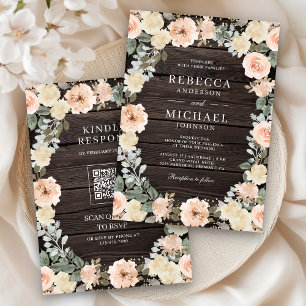 Convite Rustic Dusty Peach Floral Código QR Casamento de M