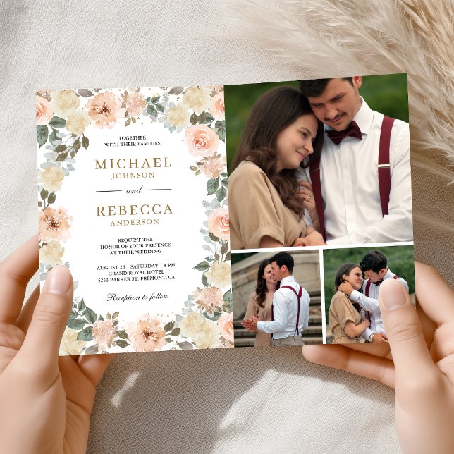 Convite Rustic Dusty Peach Floral Photo QR Code Wedding (Criador carregado)