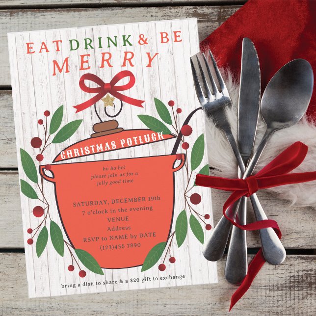 Convite Rustic Eat Drink and Be Merry Christmas Potluck (Rustic Eat Drink and Be Merry Christmas Potluck Invitation for Church Family Office Xmas Parties)