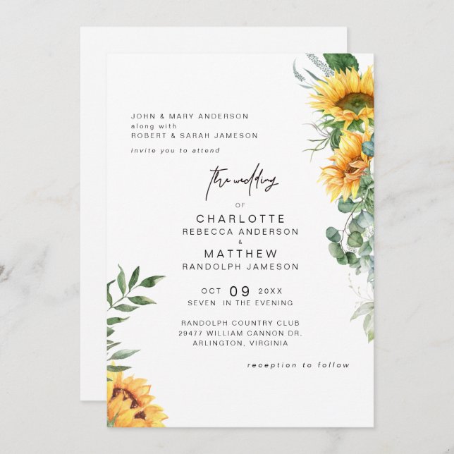 Convite Rustic Elegance Sunflower em Bloom Wedding (Frente/Verso)