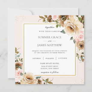 Convite Rustic Elegant Brown Cream Blush Floral Greenery
