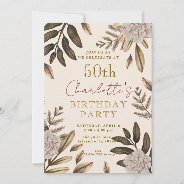 Convite Rustic Elegant Floral 50th Birthday Invtions (Frente)