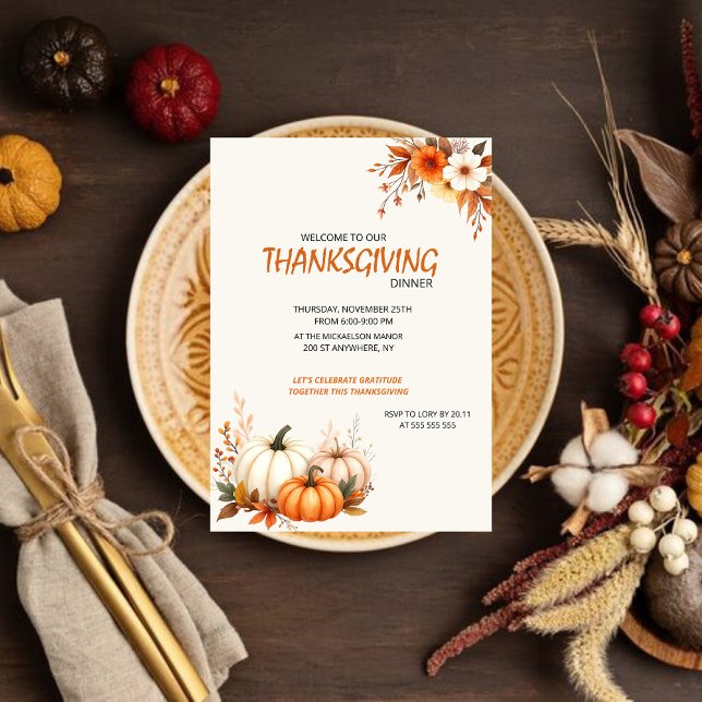 Convite Rustic Elegant Floral  Thanksgiving Dinner (Criador carregado)