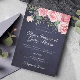 Convite Rustic elegant navy pink floral watercolor wedding