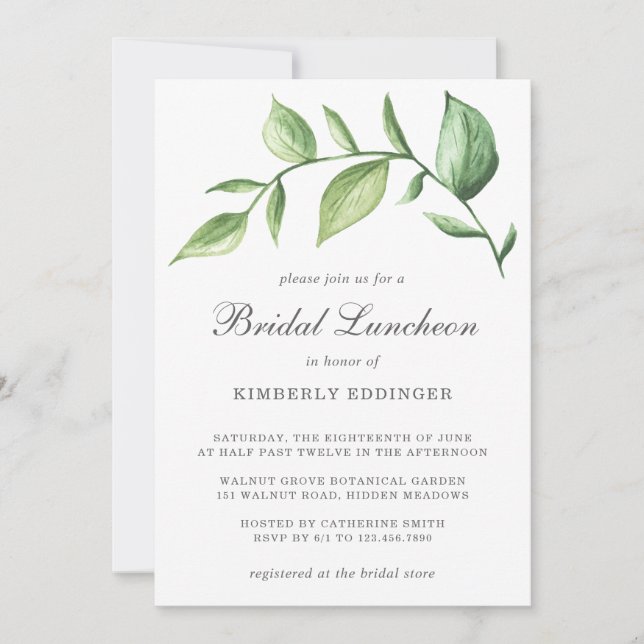 Convite Rustic Elegant Watercolor Greenery Bridal Luncheon (Frente)