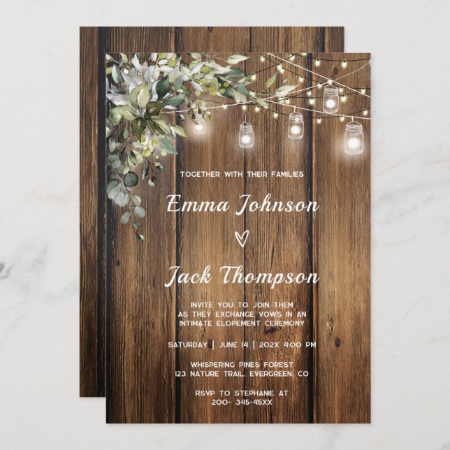 Convite Rustic Elopement Invitation Greenery (Frente/Verso)