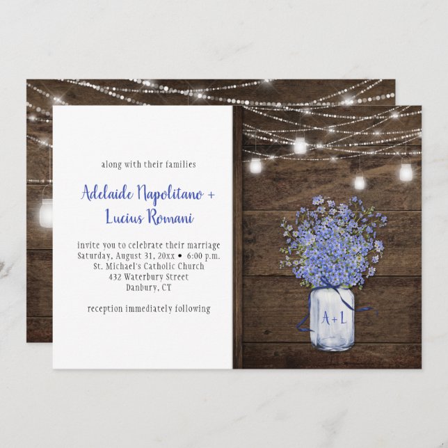 Convite Rustic Esquece-Me Nozes Mason Jar String Luzes (Frente/Verso)