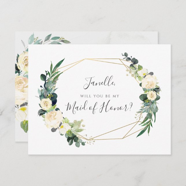 Convite Rustic Eucalyptus Cream Rosa Seja minha Madrinha d (Frente/Verso)