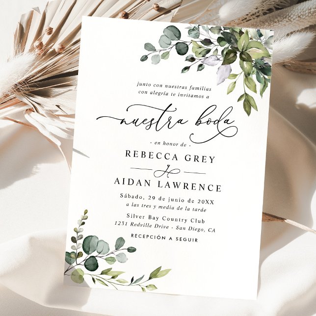 Convite Rustic Eucalyptus deixa Greenery Neustra Boda (Criador carregado)