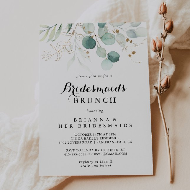 Convite Rustic Eucalyptus Dourado Bridesmaids BrunChá (Criador carregado)