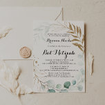 Convite Rustic Eucalyptus Dourado Calliografia Bat Mitzvah<br><div class="desc">Este convite russo de eucalipto para caligrafia de ouro bat mitzvah é perfeito para um simples bat mitzvah. Este design artístico apresenta folhagem verde de ouro,  feita à mão,  floral e aquarela,  eucalipto,  belamente organizada numa elegante moldura geométrica.</div>
