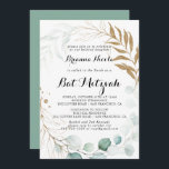 Convite Rustic Eucalyptus Dourado Calliografia Bat Mitzvah<br><div class="desc">Este convite russo de eucalipto para caligrafia de ouro bat mitzvah é perfeito para um simples bat mitzvah. Este design artístico apresenta folhagem verde de ouro,  feita à mão,  floral e aquarela,  eucalipto,  belamente organizada numa elegante moldura geométrica.</div>