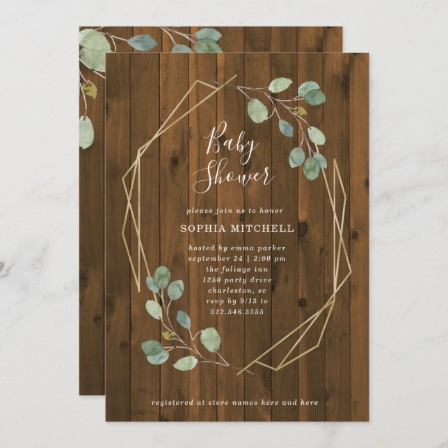 Convite Rustic Eucalyptus Greenery | Chá de fraldas geomét (Frente/Verso)