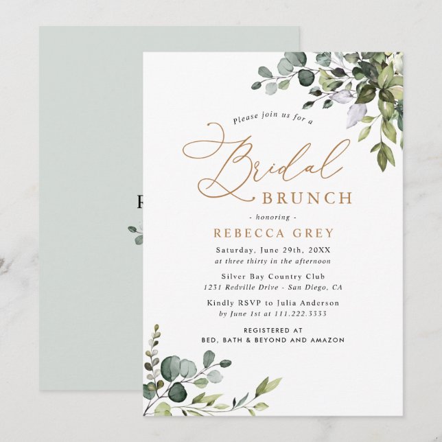 Convite Rustic Eucalyptus Greenery Dourado Bridal Brunch (Frente/Verso)